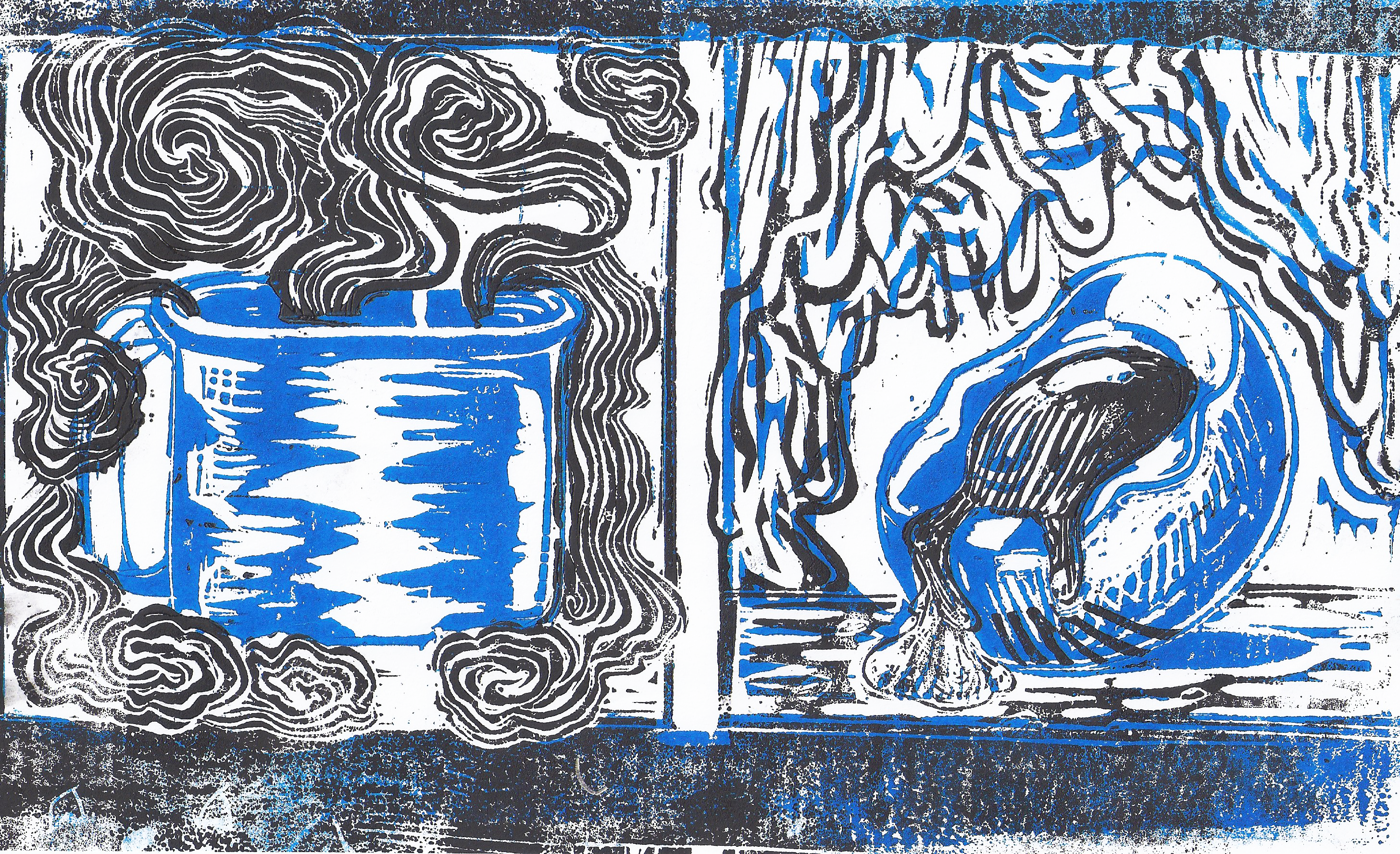 black and blue lino print, a steaming cup of coffee on the left. A runny egg on the right.